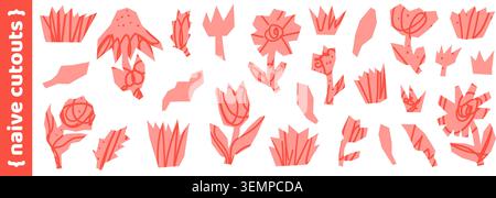 Naive flower cutout shapes with daisy poppy and tulip for paper collage. Angular hand drawn floral pieces and grass in soft coral tone. Vector flower Stock Vector