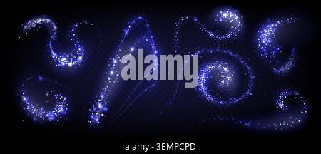 Magic blue glitter trails set isolated on transparent background. Vector realistic illustration of sparkling neon particles and stardust on dark background, fantasy mystical overlay, bokeh effect Stock Vector