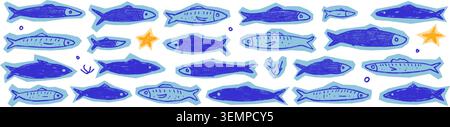Cutout fish crayon texture on paper for sticker pack and scrapbook. Blue magazine sardine doodle silhouette with collage and star accent. Vector fish Stock Vector