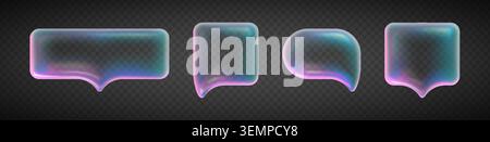 Holographic glass speech bubbles set isolated on transparent background. Vector realistic illustration of 3D transparent chat message clouds with neon glow, glass morphism y2k conversation icons Stock Vector