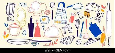 Doodle set of kitchen items and food isolated on white background. Vector illustration of cooking utensils, pots, chef tools, hand-drawn outline kitchenware, fruit and vegetables for culinary designs Stock Vector