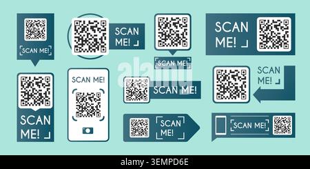 QR code scanner icon with phone frame for mobile payment, set of vector illustrations. Modern barcode reader sticker design for digital commerce and scan me store discount labels Stock Vector