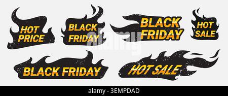 Hot sale fire badges with burning flame, grunge realistic vector icons isolated on background. Special black friday tags with fire for promotion events. Bright sticker design, discount offers Stock Vector