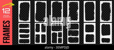 Social media frame borders with grunge brush and rough paint stroke for story and carousel post. White rectangle photo frames with torn paper edge. Ve Stock Vector