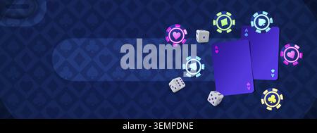 Neon casino items glowing on gambling themed background. Vector realistic illustration of poker cards, dice and chips, online betting app design, slot machine business banner, lucky fortune sign Stock Vector
