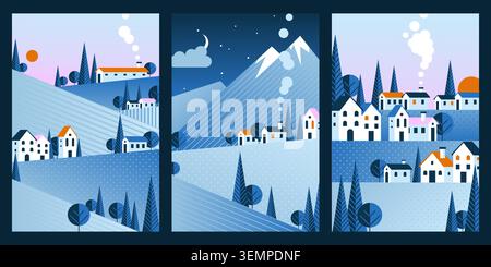 Geometric winter mountain landscapes set. Vector illustration of with triangular snowy peaks and trees, Scandinavian village houses, sunset and starry night sky with moon, Nordic travel poster design Stock Vector