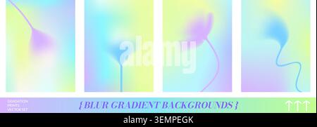 Soft flower blossoms posters set with abstract blur and spring gradation in delicate pastel mood. Floral promotion backgrounds in purple blue and gree Stock Vector