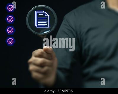 Document Verification and Quality Assurance Inspection Concept with Approval Checkmark. Stock Photo