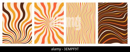 Groovy swirl pattern, abstract vector background. Funky spiral banner set with psychedelic texture, retro cards with radial distorted lines, wavy strips, trippy twisted graphic design in vintage color Stock Vector