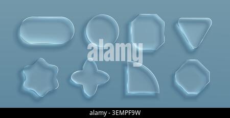 Transparent glass frames with glossy morphism effect, vector set isolated on background. 3D ui elements with realistic texture, rounded corners, crystal clear borders for modern digital interface Stock Vector