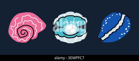 Clam shell with pearl, pink snail spiral and blue cowrie shell isolated on dark background. Vector icon set, perfect for marine and summer design Stock Vector