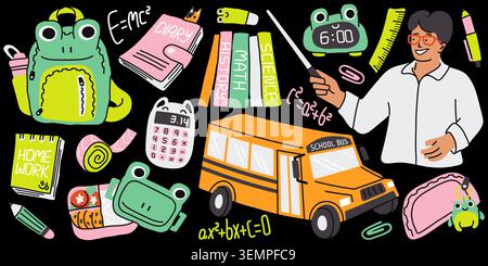 Cute back to school clip art set on black background featuring a smiling teacher with pointer, school bus, frog backpack, lunch box, calculator, books Stock Vector