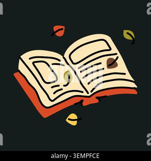 Open book vector illustration with falling autumn leaves on dark background. Cozy fall reading concept icon. Hand drawn seasonal element Stock Vector