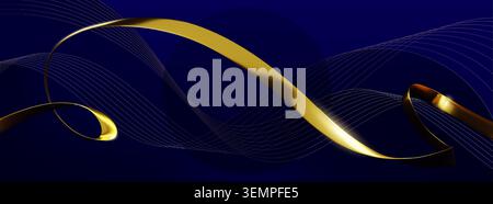 Luxurious gold ribbon wave border, abstract vector background with flowing curves, premium metallic texture. 3d blue elegant award cover or invitation design with thin golden lines, reflected light Stock Vector