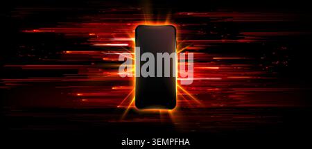 Smartphone mockup and glowing neon red laser lines and glitch light effects, abstract vector background. Elegant tech presentation scene with damaged pixels, digital product presentation Stock Vector