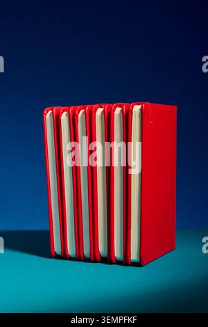 Row of red notebooks creates a striking graphic pattern Stock Photo