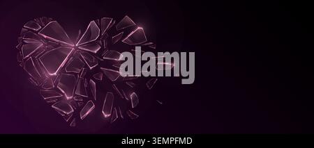 Shattered glass pieces, exploding ice crystal fragments, 3d realistic vector banner. Broken heart with flying shards on black background, ruined love with dramatic crack effect, sharp debris Stock Vector