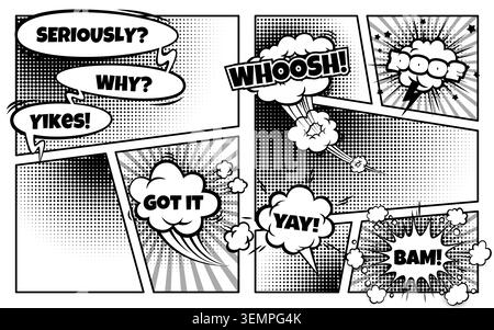 Comic book page with pop art frames and speech bubbles, black vector design on white background. Retro cartoon illustration with radial lines and halftone dots for vintage super hero design Stock Vector