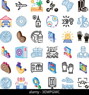 Diverse icon set representing technology, travel, work, and justice Stock Vector