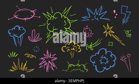 Colour comic book action emphasis with explosive cartoon effects, vector set isolated on black. Super hero power line icons, motion burst elements, doodle manga illustrations, anime pattern Stock Vector