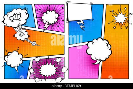 Striped comic book page template with speech bubbles, cartoon vector abstract background. Dynamic colorful pop art frames with cloud pattren, and retro super hero panel layouts, manga design elements Stock Vector