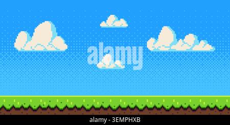 Pixel art sky with fluffy clouds over green grass field. Retro 8-bit game vector cartoon background, bright blue atmosphere and sunny green grass landscape for arcade video adventures, Stock Vector