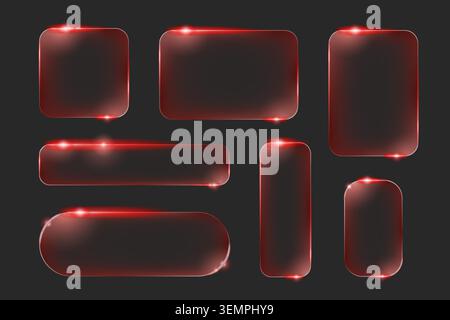 Glass frames set with neon red light effects isolated on black background. Vector realistic illustration of glowing rounded borders, futuristic digital interface elements, gaming screens Stock Vector