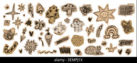 Pack of hand drawn kid doodle stickers isolated on white. Vector illustration of sketch icons on paper pieces, idea lightbulb, stars and sun, mushrooms, creative scribble designs for school banner Stock Vector