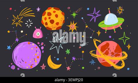 Crayon hand drawn space doodles with planets, alien and rocket, cartoon vector set isolated on black. Childlike cosmic sketches, spaceship, moon, and colorful galaxy elements for kids universe designs Stock Vector
