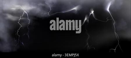 Realistic stormy sky with lightning bolts and clouds on black background. Vector illustration of dramatic weather scene with electric strikes, thunderbolt on moody cloudy backdrop, spooky atmosphere Stock Vector