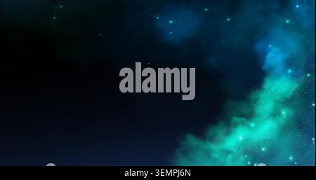 Magic smoke background with glowing light effects, sparkling stars, and mystical neon clouds, abstract vector background. Enchanting Halloween atmosphere, shimmering particles and fog, galaxy pattern Stock Vector