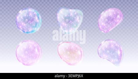 Transparent soap bubble with iridescent rainbow reflections, realistic vector illustrations isolated on background. 3D glossy shapes with holographic effect, water droplets, pink blue gradient shine. Stock Vector