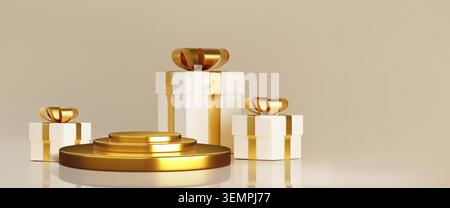 Luxury gold podium, white gift boxes with golden ribbon bow, 3d realistic vector background. Holyday banner with Christmas presents or birthday surprises, premium product display Stock Vector
