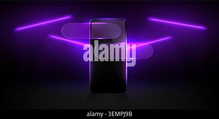 Modern smartphone and glass morphism message bubbles on black background with neon purple lights. Vector realistic illustration of gadget mockup with empty screen, chat interface, messenger app design Stock Vector