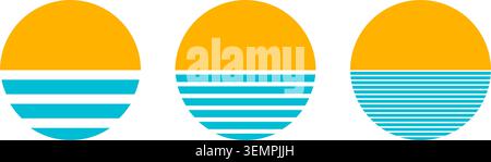 Set of whole yellow and striped blue semicircle geometric shapes isolated on white background. Sun and sea silhouettes. Sunrise or sunset concept. Simple design elements. Vector flat illustration. Stock Vector