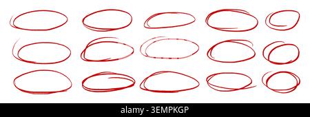 Hand drawn red crayon outline ovals and ellipses set. Rough scribble circles, sketch highlight marks and doodle frames. Vector annotation elements for text emphasis, notes, labels, comments and design Stock Vector