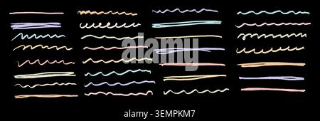 Crayon underline isolated on black background. Horizontal set colored wide strips crayon underline. Different colored rough highlighters, chalk marks, and pencil splits. Stock Vector