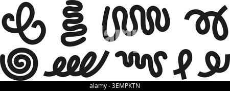 Set of curvy hand-drawn lines. Black squiggles, spirals and loop shapes. Organic doodle figures isolated on white background. Decorative design elements. Vector graphic illustration. Stock Vector
