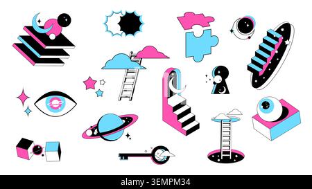 Surreal geometric door to psychedelic space, vector icons isolated on white background. Abstract portals with stairs, optical illusion in retro style. 3D fantasy contemporary eyes, key and planets Stock Vector