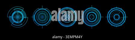 Futuristic HUD target interface with circular radar display, abstract vector set of icons isolated on black background. High-tech neon blue graphic elements for sci-fi games, military system Stock Vector