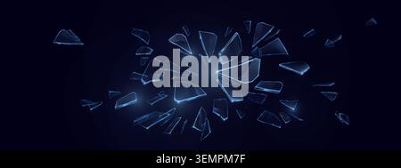Shattered glass fragments flying in the air, realistic cracks and sharp edges, vector illustration on black background. Broken mirror pieces with dramatic effect, blue transparent shards Stock Vector