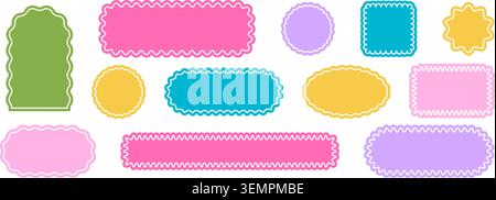 Colorful geometric shapes with scalloped edges and transparent border lines. Basic curvy forms isolated on white background. Empty stamps, stickers, tags or labels. Vector flat illustration. Stock Vector