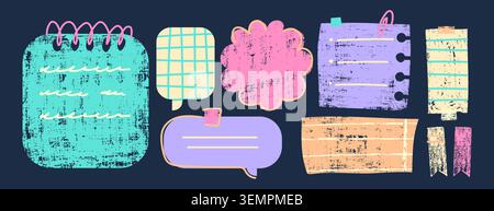 Colorful pastel crayon boxes collection isolated on black background. Vector realistic illustration of hand drawn kids note frames and speech bubbles, whimsical doodle borders for children school art Stock Vector