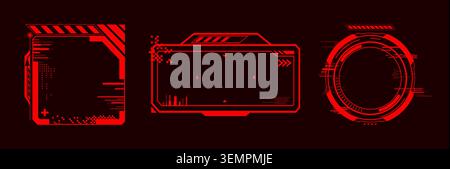 High tech hud interface with glowing red alert frames and futuristic holographic elements, abstract vector icons isolated on black background. Game ui design and cyber punk digital displays Stock Vector