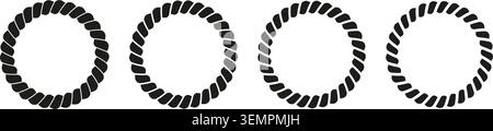 Set of round rope frames isolated on white background. Circular cord or thread, twine or jute frameworks. Decorative design elements in maritime style. Vector graphic illustration. Stock Vector