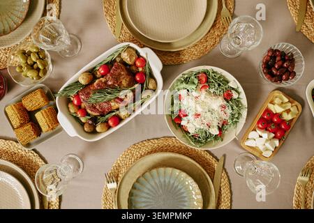 Top View of Sunday Lunch at Home for Weekend Gathering Stock Photo
