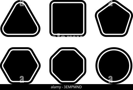 Set of black geometric figures with rounded corners and inner borders. Triangle and square, pentagon and hexagon, circle and octagon shapes isolated on white background. Vector graphic illustration. Stock Vector