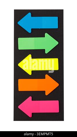 Neon sticky notes indicating choice, direction, and communication on white background Stock Photo