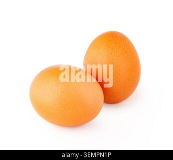 Two raw brown chicken eggs standing on a plain white background Stock Photo