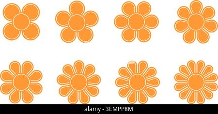 Simple orange flower shapes with petals from 4 to 12. Geometric floral silhouettes isolated on white background. Decorative design elements. Vector flat illustration. Stock Vector